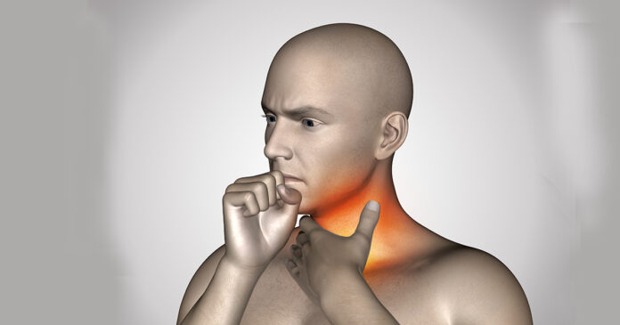3D close up of a male figure holding his throat in pain
